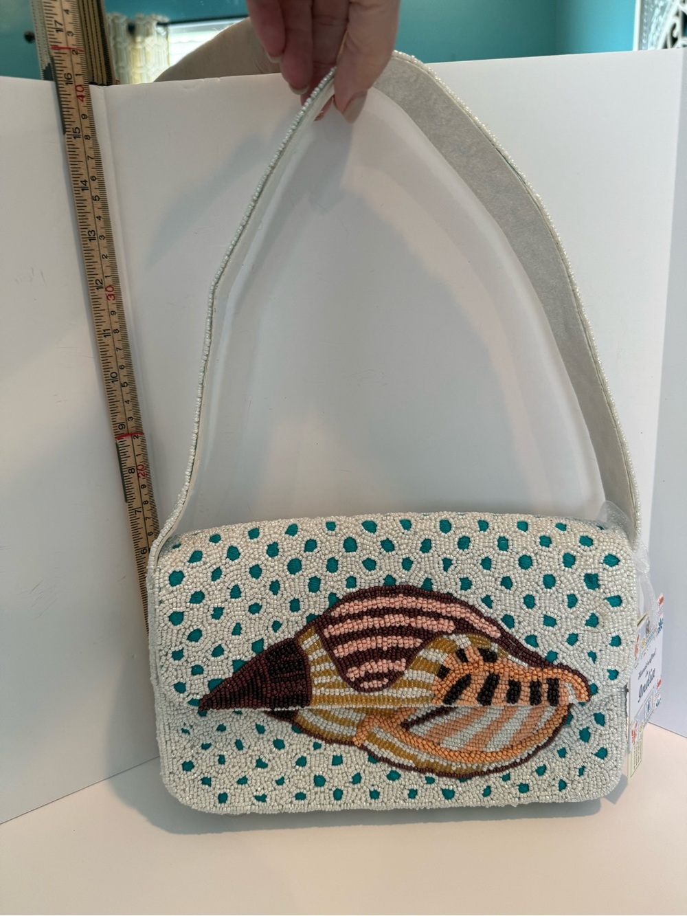 * Beaded Conch Shell Motif Shoulder Bag - White with Teal Polka Dots